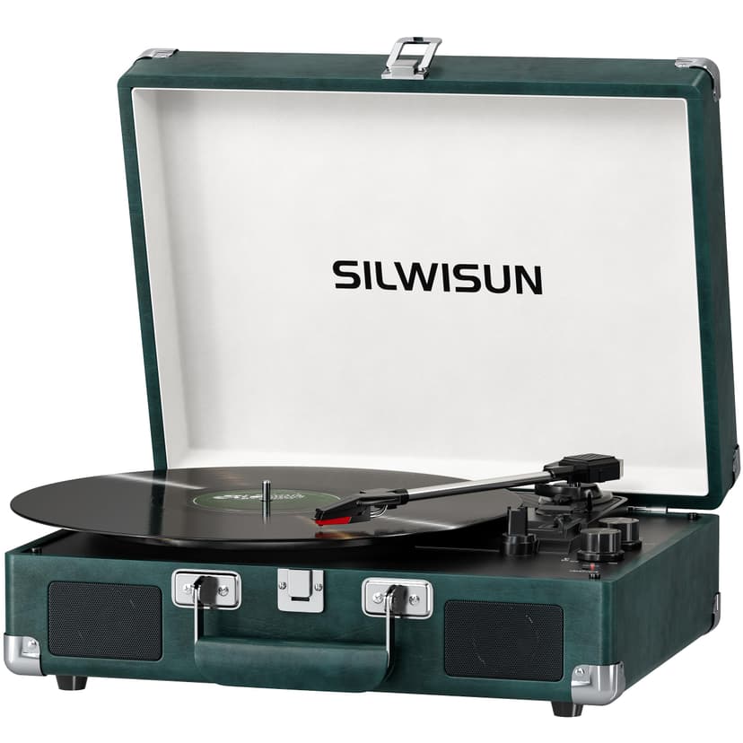 Vinyl Record Player with Speakers Vintage Bluetooth Turntable, Battery Powered Portable Pink Vinyl Player, Retro Suitcase Phonograph, 3-Speed Lp Player RCA Out AUX in Headphone Jack (Emerald)