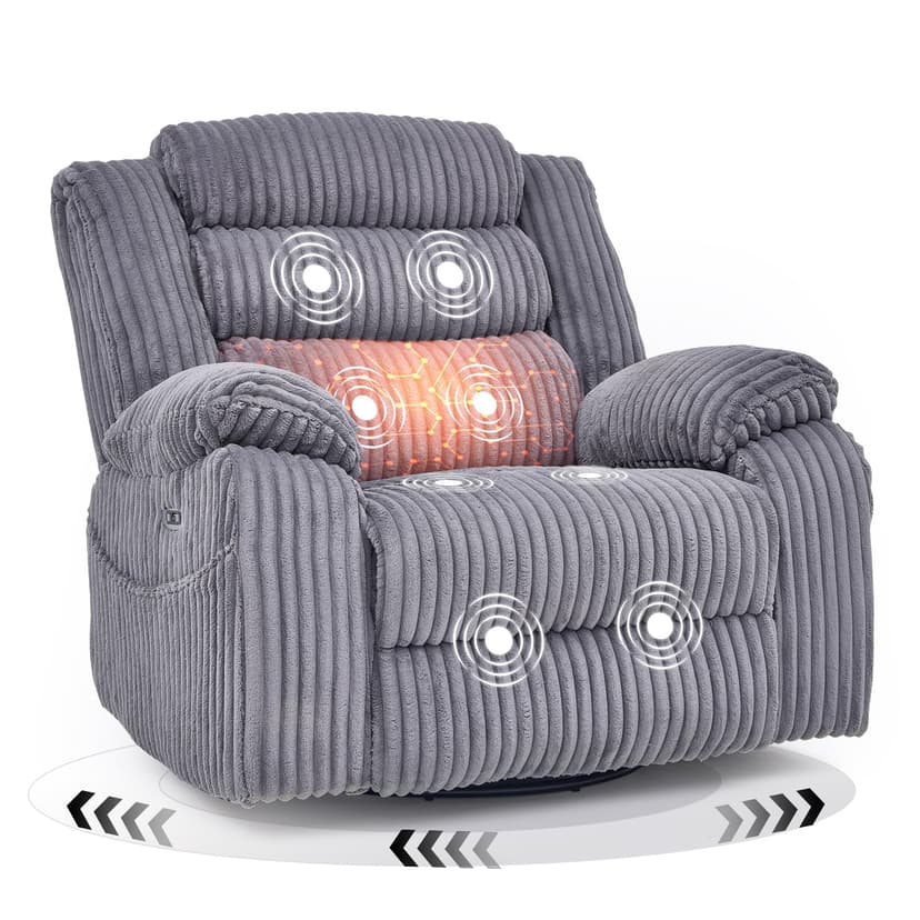 SINCRUMI Power Swivel Rocker Recliner Chair for Adults with Massgae and Heat, USB and Type-C Charging Port, Infinite Position, Electric Glider Rocking Chairs for Living Room, Nursery, Grey