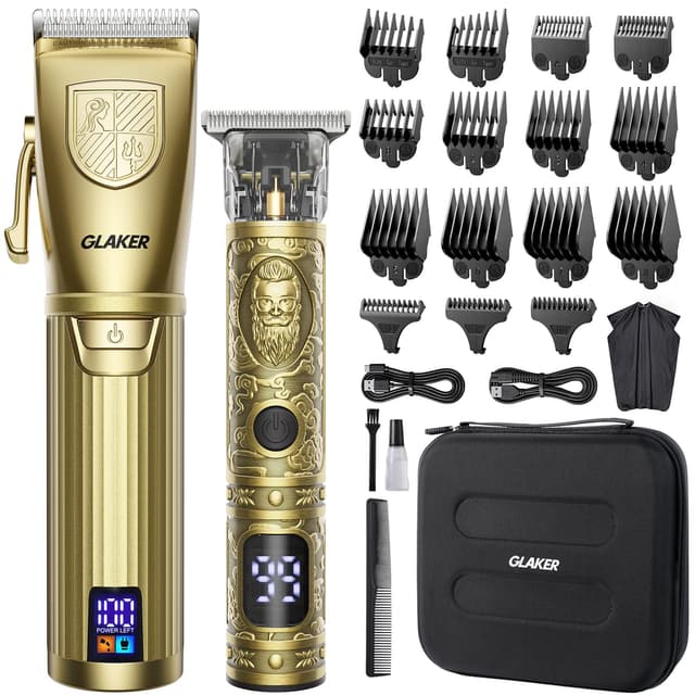 GLAKER Hair Clippers for Men,Professional Mens Hair Clippers Cordless Clippers for Hair Cutting,Precision Trimmer Kit Zero Gap Trimmer with LED Display 15 Guide Combs (Gold)