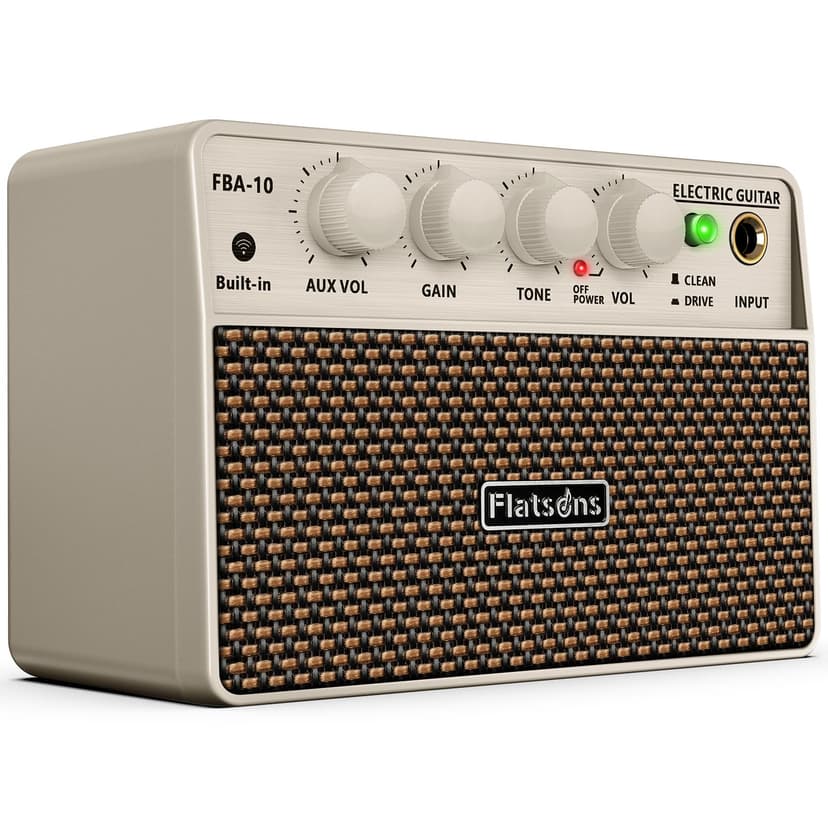 Flatsons FBA-10 Guitar Amp, 10W Mini Electric Guitar Amplifier with Clean/Drive Channel, 6H Work, USB-C Rechargeable, 3.5mm Headphone/AUX, Wireless Portable Amp for Indoor Practice, Travel (White)
