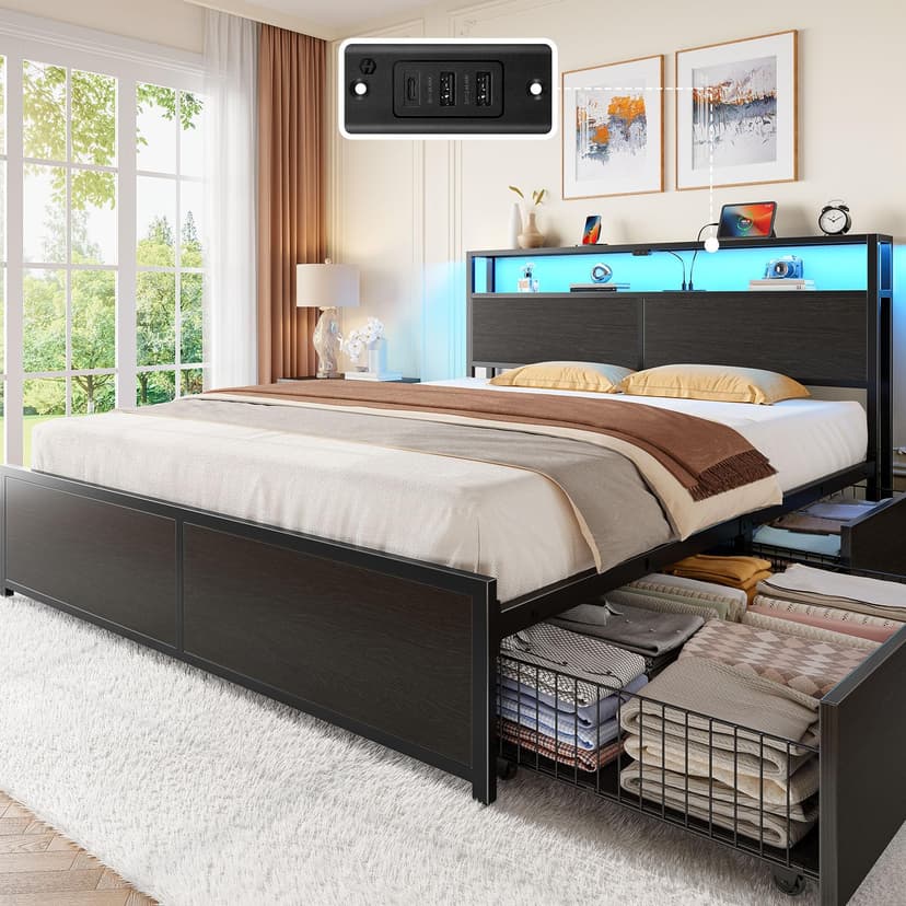 Rolanstar Full Size Bed Frame with 4 Storage Drawers, Charging Station and LED Lights, Metal Platform Bed with 2-Tier Storage Headboard, No Box Spring Needed, Easy Assembly, Noise-Free, Black