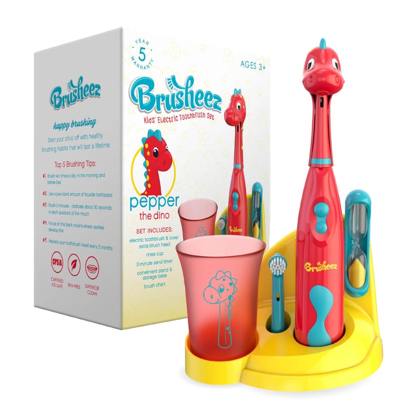 Brusheez Kids’ Electric Toothbrush Set - Safe & Effective for Ages 3+ - Parent Tested & Approved with Gentle Bristles, 2 Brush Heads, Rinse Cup, 2-Minute Timer, & Storage Base (Pepper The Dino)