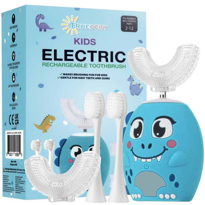 Trueocity Kids U Shape Toothbrush Auto Electric Toddler Rechargeable Kids Automatic Toothbrush | 360° U-Shaped Silicone Brush Head | Gentle Cleaning for Ages 2–7| Dinosaur Design (Blue)