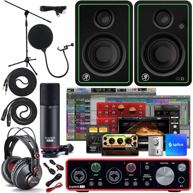 Focusrite Scarlett 2i2 Studio 3rd Gen USB Audio Interface and Recording Bundle with Monitors, Boom Microphone Stand, Microphone Cable, Pop Filter and Interconnect Cable (6 Items)