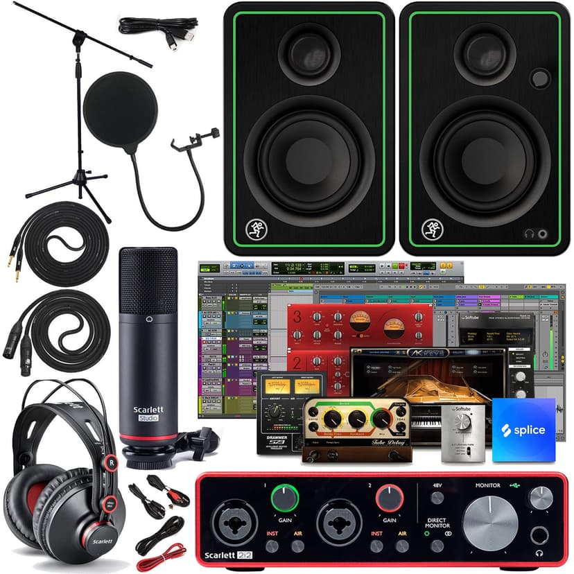 Focusrite Scarlett 2i2 Studio 3rd Gen USB Audio Interface and Recording Bundle with Monitors, Boom Microphone Stand, Microphone Cable, Pop Filter and Interconnect Cable (6 Items)