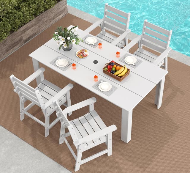 GREENVINES 5-Piece Outdoor Dining Set | HDPE | Patio Table and Chairs Sets for 4 | Patio Furniture | All Weather | Umbrella Hole | White | for Backyard Poolside Garden