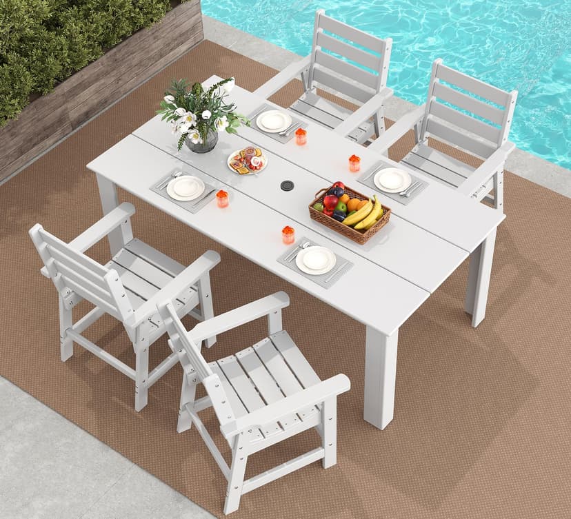 GREENVINES 5-Piece Outdoor Dining Set | HDPE | Patio Table and Chairs Sets for 4 | Patio Furniture | All Weather | Umbrella Hole | White | for Backyard Poolside Garden