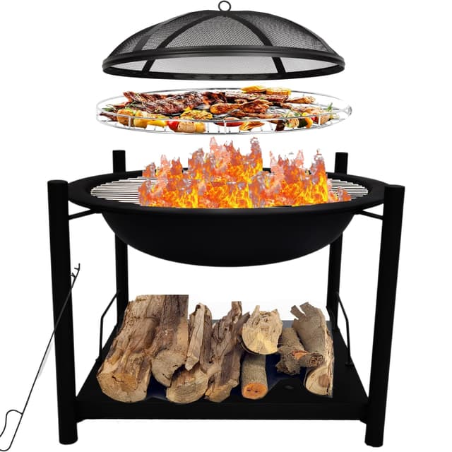 SereneLife Outdoor Wood Fire Pit - 26" Steel BBQ Grill with Mesh Spark Screen, Log Grate, Fire Poker & Cover for Camping, Picnic, Bonfire - Durable, Easy to Assemble, 2 in 1