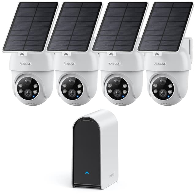 ANSQUE Security Cameras Wireless Outdoor Home System, 4 Camera Kit, No Subscription Fees, Solar Powered, Local Storage, 365-Day Battery Life, 360°PTZ Surveillance, Auto Tracking, 2K Color Night Vision