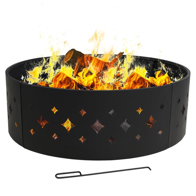Sunnydaze 36-Inch Outdoor Fire Pit Ring with Poker - Round Heavy-Duty Steel Fire Ring for Camping or Backyard - Diamond - 10" H
