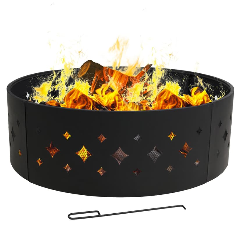 Sunnydaze 36-Inch Outdoor Fire Pit Ring with Poker - Round Heavy-Duty Steel Fire Ring for Camping or Backyard - Diamond - 10" H