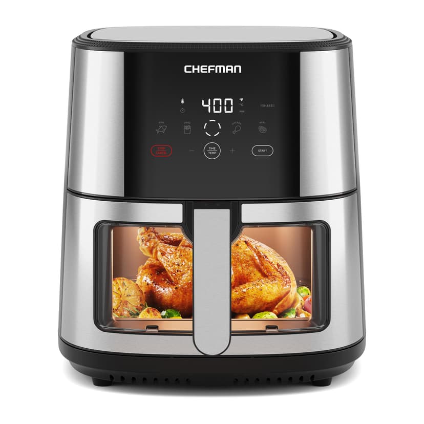 CHEFMAN Easy-View Air Fryer – 8 Qt Family Size with Viewing Window, One-Touch Digital Control with 4 Presets, Nonstick & Dishwasher Safe, Broil, Roast, Dehydrate, Bake, Auto-Shutoff, Stainless Steel