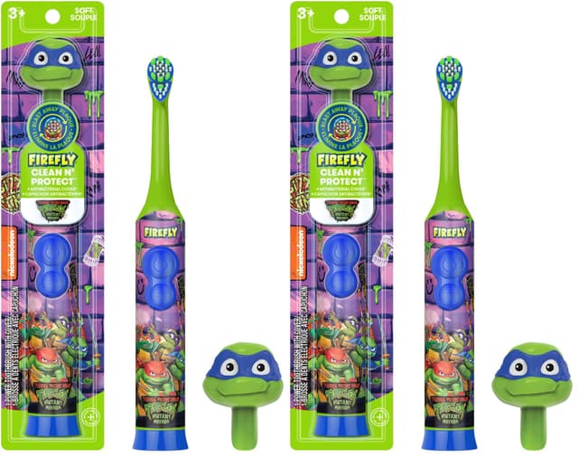 FIREFLY Teenage Mutant Ninja Turtles Power Toothbrush | Soft Bristles | 3D Character Cover | Ages 3+ | Pack of 2