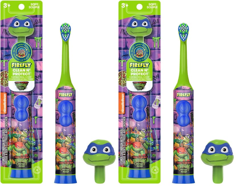 FIREFLY Teenage Mutant Ninja Turtles Power Toothbrush | Soft Bristles | 3D Character Cover | Ages 3+ | Pack of 2