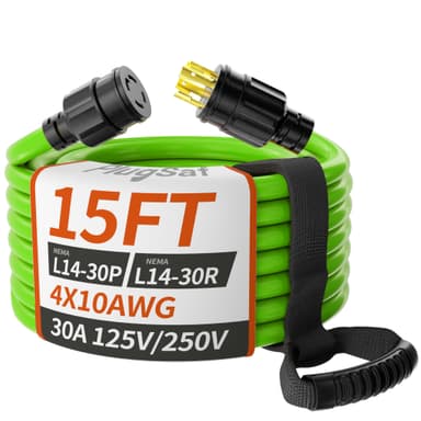 PlugSaf 15FT 30 Amp Generator Extension Cord 4 Prong, NEMA L14-30P/L14-30R 10 Gauge STW 125/250V Twist Lock Generator Cord Heavy Duty, Green ETL Listed