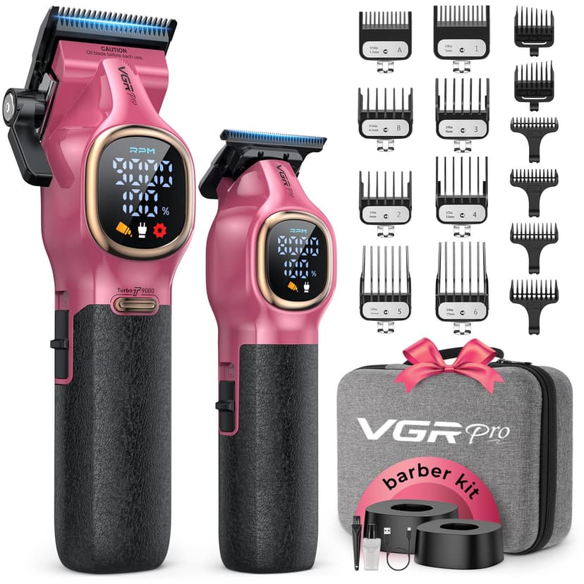 VGRPRO Professional Hair Clippers for Men, Professional Barber Clippers and Trimmer Set, Cordless Hair Clippers for Hair Cutting with Package Case, Powerful 9000 PRM Rechargable Electric (Pink)