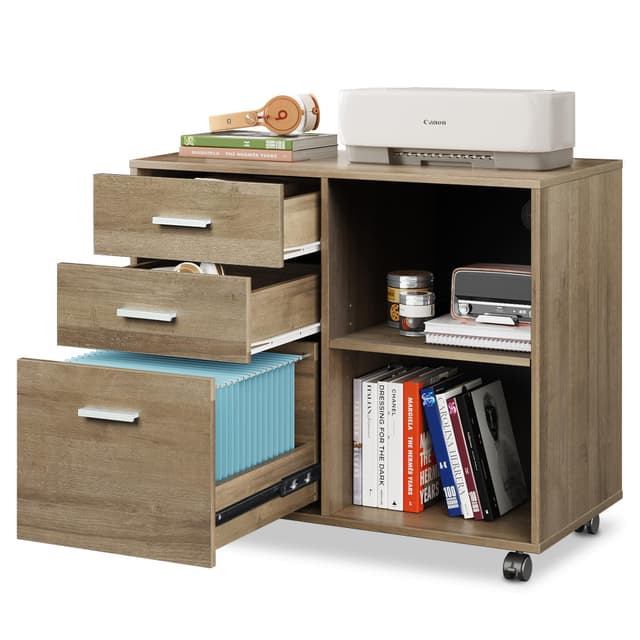 DEVAISE 3 Drawer Mobile File Cabinet, Wood Lateral Filing Cabinet, Printer Stand with Open Shelves for Home Office, Gray Oak
