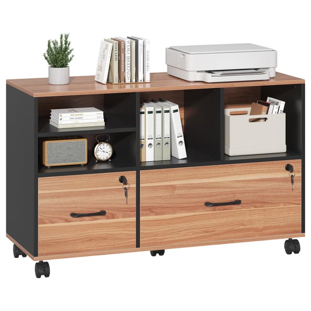 Semoic 2 Drawer File Cabinet for Home Office, Lockable Rolling Filing Cabinet with Adjustable Shelves, Wood Lateral File Cabinet with Lock, Printer Stand Office Storage Cabinet, Rustic Brown & Black