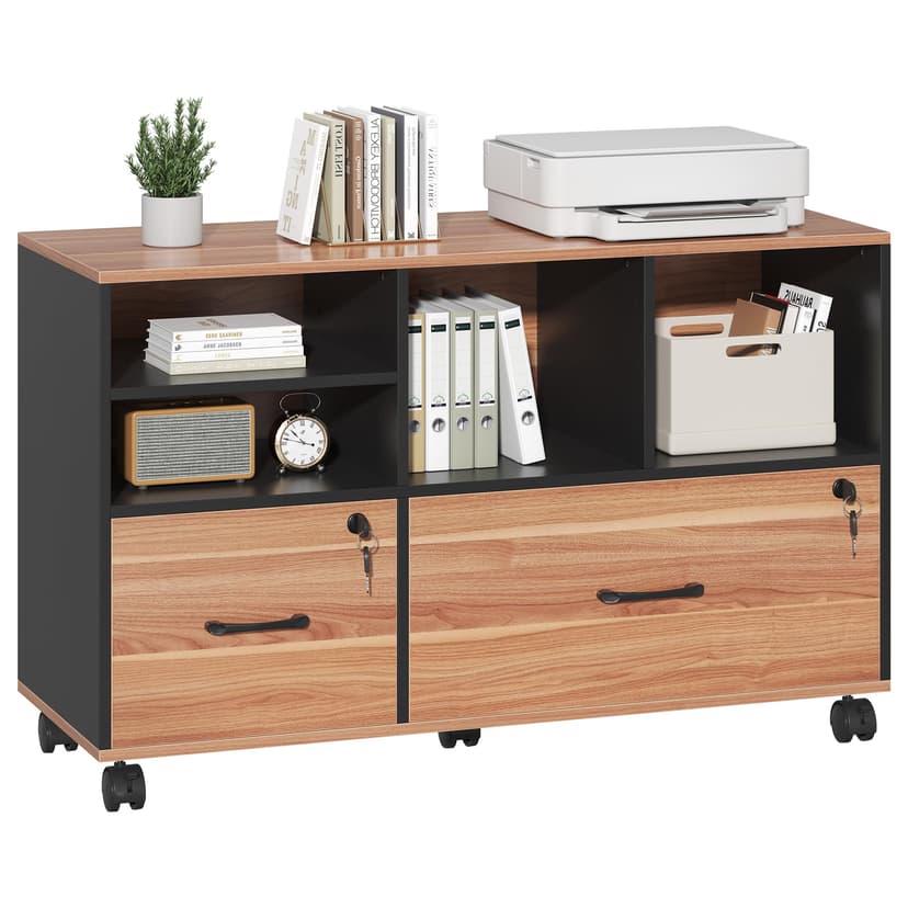 Semoic 2 Drawer File Cabinet for Home Office, Lockable Rolling Filing Cabinet with Adjustable Shelves, Wood Lateral File Cabinet with Lock, Printer Stand Office Storage Cabinet, Rustic Brown & Black