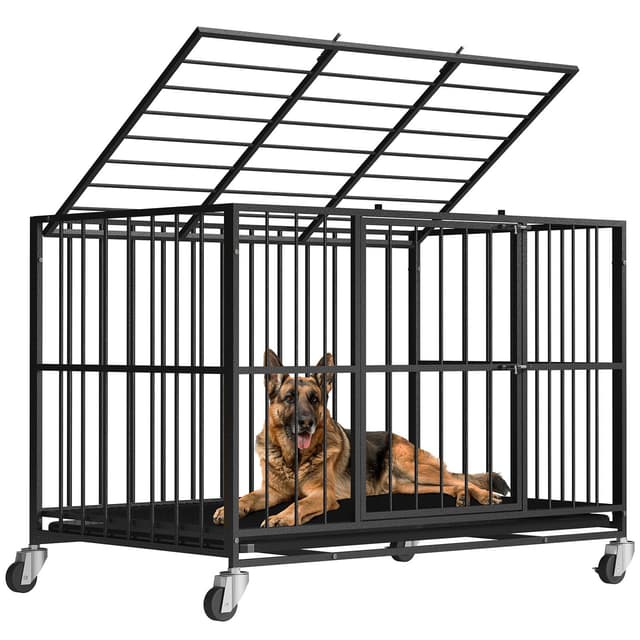 48 Inch Heavy Duty Dog Crate Steel Escape Proof, Indoor Double Door High Anxiety Cage, Removable Tray, Kennel with Wheels,XL XXL
