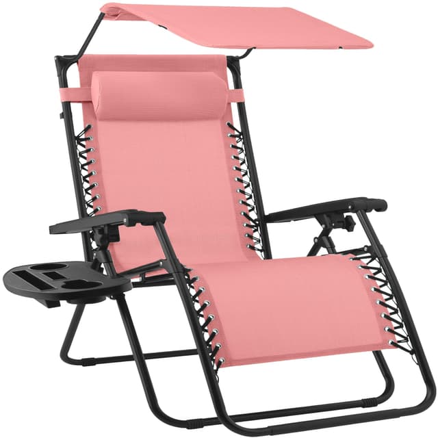 Best Choice Products 30” Wide Folding Zero Gravity Outdoor Recliner Patio Lounge Chair w/Adjustable Canopy Shade, Headrest, Side Accessory Tray - Pink