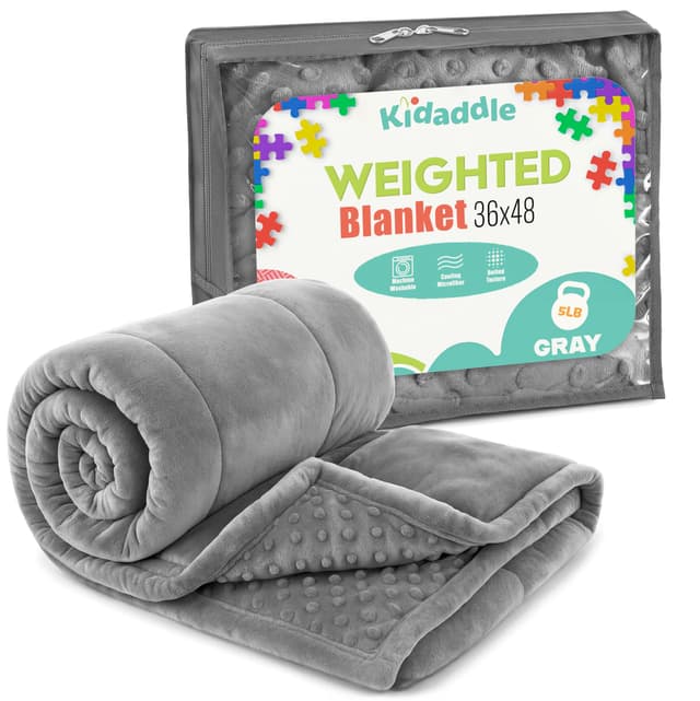 XL Weighted Blanket for Kids 5lb (Grey) 36x48 Inch, Plush Minky Kids Blanket with Travel Bag, Blanket for Ages 4 to 10