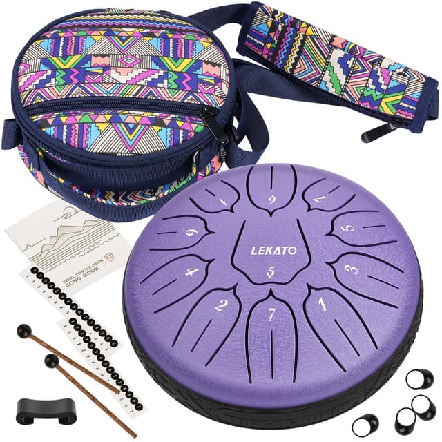 LEKATO 6 Inch 11 Notes Steel Tongue Drum with Sturdy Nylon Bag, Beginner Music GIft for Families/Friends, D Major, Purple