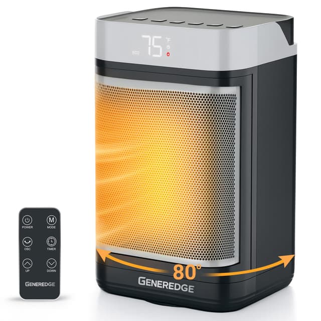 GENEREDGE Portable Space Heater for Indoor Use - 1500W PTC Electric Heater with Digital Thermostat, Remote Control, 80°Oscillation, Timer, Fan & Quite Eco Mode, Rapid and Safe Heating for Bedroom