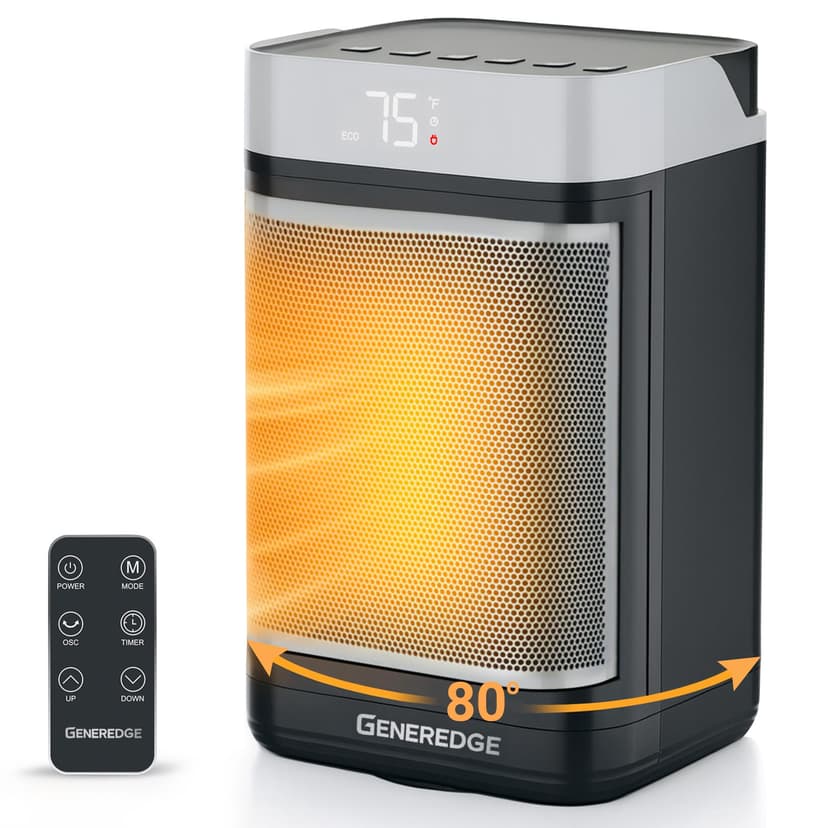 GENEREDGE Portable Space Heater for Indoor Use - 1500W PTC Electric Heater with Digital Thermostat, Remote Control, 80°Oscillation, Timer, Fan & Quite Eco Mode, Rapid and Safe Heating for Bedroom