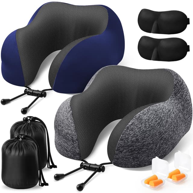 ExploreBliss Travel Pillow, 2 Pack Travel Pillows for Sleeping Airplane, Neck Pillow Airplane, Memory Foam Neck Pillow Set with Eye Mask, Earplugs and Storage Bag -Grey & Blue