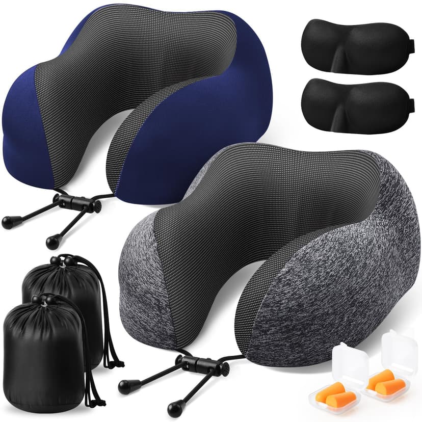 ExploreBliss Travel Pillow, 2 Pack Travel Pillows for Sleeping Airplane, Neck Pillow Airplane, Memory Foam Neck Pillow Set with Eye Mask, Earplugs and Storage Bag -Grey & Blue