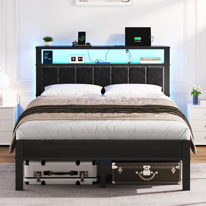OLEVS Full Size Bed Frame with LED Lights & Charging Station, Modern Platform Bed with Upholstered Storage Headboard, No Box Spring Needed Easy Assembly