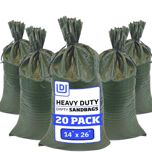 DURASACK Heavy Duty Sand Bags with Tie Strings Empty Woven Polypropylene Sand-Bags for Flood Control with 1600 Hours of UV Protection, 50 lbs Capacity, 14x26 inches, Green, Pack of 20