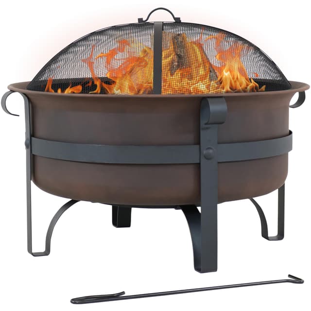 Sunnydaze 29-Inch Wood-Burning Outdoor Fire Pit - Bronze Cauldron Wood Fire Pit for Outside - Includes Poker and Spark Screen