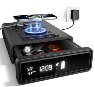 ORARAER Biometric Safe with Wireless Charging, 3 Access Methods to Unlock, Nightstand Drawer Safe LED Display with Humidity & Temp, Money Box for Cash and Valuables,Birthday Gifts for Women