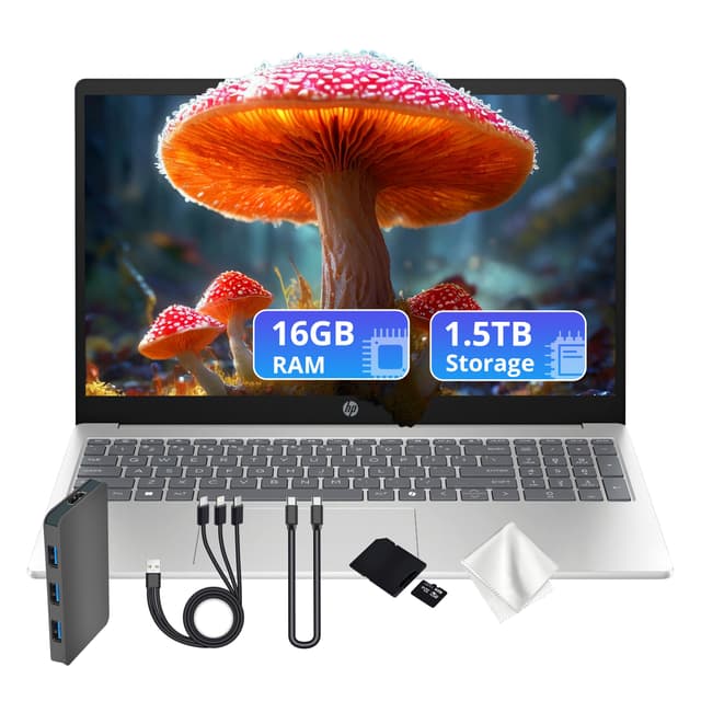 HP 15.6" HD Laptop, Intel i5-1334U, 16GB RAM, 1.5TB Storage (512GB SSD+1TB Docking Station Set), Intel UHD Graphics, Copilot, Full Size Keyboard, Wi-Fi 6, HD Camera, Windows 11 Home, Silver