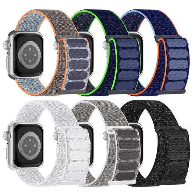 6 Pack Sport Nylon Loop Band Compatible with Apple Watch Band 38mm 40mm 41mm 42mm 44mm 45mm 46mm 49mm for Women Men, Adjustable Breathable Braided Straps for iWatch Series 11/10/9/8/7/6/5/4/3/SE/Ultra