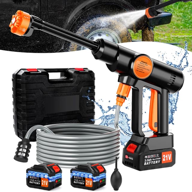 Cordless Electric Pressure Washer, Portable Power Washer Battery Powered, Handheld Car Washer with 6-in-1 Nozzle,17FT Drain Hose, Power Cleaner for Patio Floor Fence Deck Indoor