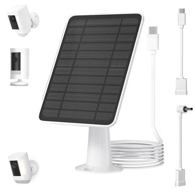 5W Solar Panel for Ring Camera, Solar Panel Charger Compatible with Ring Spotlight Plus/Pro Stick Up Outdoor Cam Battery, 10ft Cable with USB-C to Barrel Plug Adapter & Micro-USB Adapter, 1 Pack