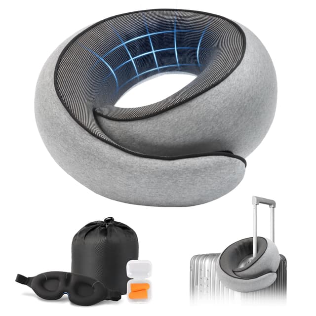 Purroch Travel Neck Pillow with 100% Pure Memory Foam, G-Shape, Includes Eye Mask & Ear Plugs, Ergonomic Design for Airplane, Car & Office, etc, Beige Gray