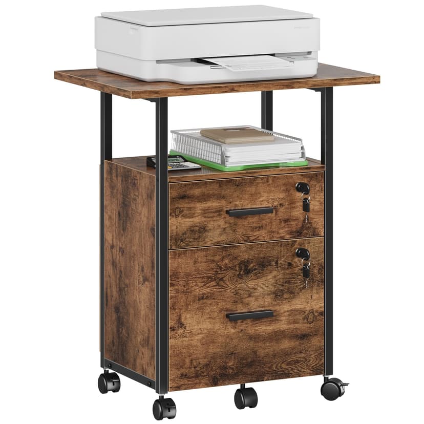 GYIIYUO 2 Wood Drawer Lockable File Cabinet with 22'' Extended Desktop, Mobile Filing Cabinet with Side Bag, Rolling Printer Stand, Fits A4&Letter Size, Home Office, Rustic Brown