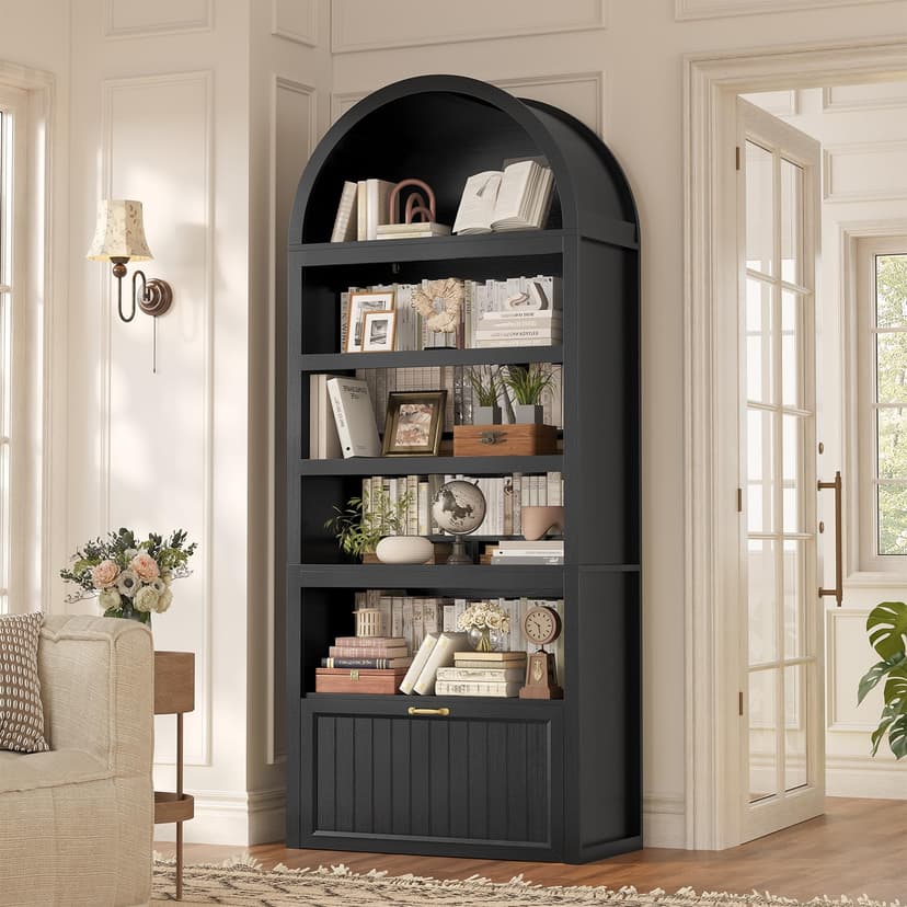 81" Tall Arched Cabinets,Bookcase with Drawer storage,Mid-Century Modern 5-Tier Bookshelf,2 Book Risers and Adjustable Shelves offering more storage space for Living Room,Kitchen,Home Office,Black