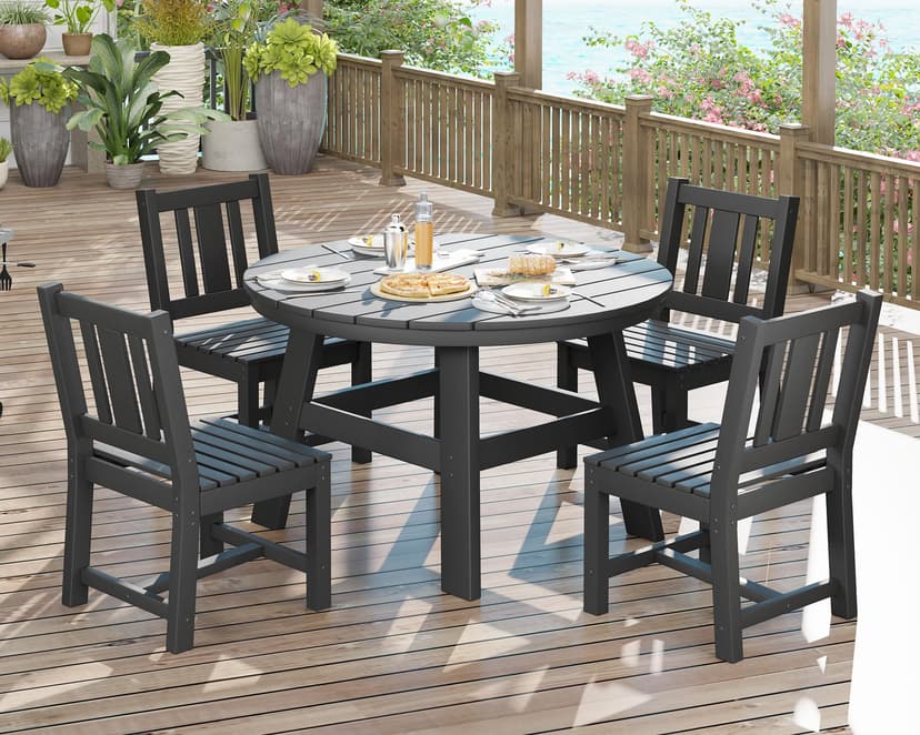 AMERLIFE 5 Piece HDPE Outdoor Dining Table & Chairs Set, All-Weather Patio Table and Chairs Set Furniture with Umbrella Hole for Garden, Backyard, Poolside, Seaside, Black