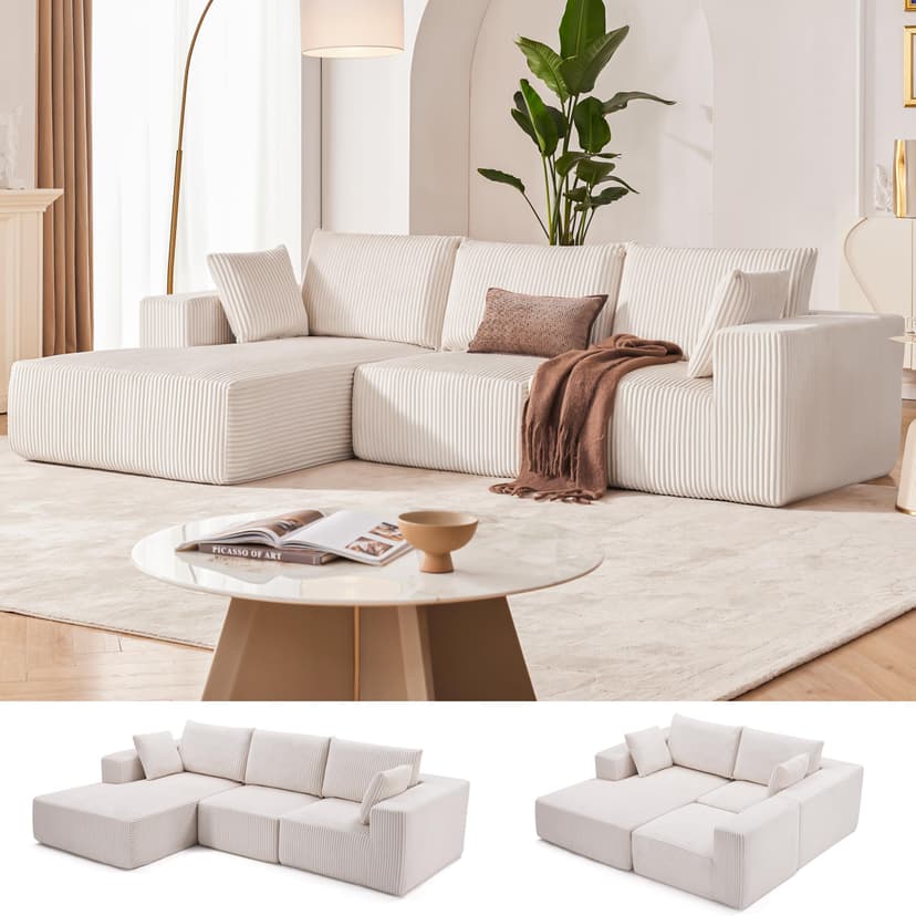 108” Modular Sectional Sofa, Cloud Sectional Couch with Deep Seat, Modern Modular L-Shape Sofa Couch with Chaise,Upholstered Boneless Couches for Living Room Bedroom (Beige, Left Facing Chaise)