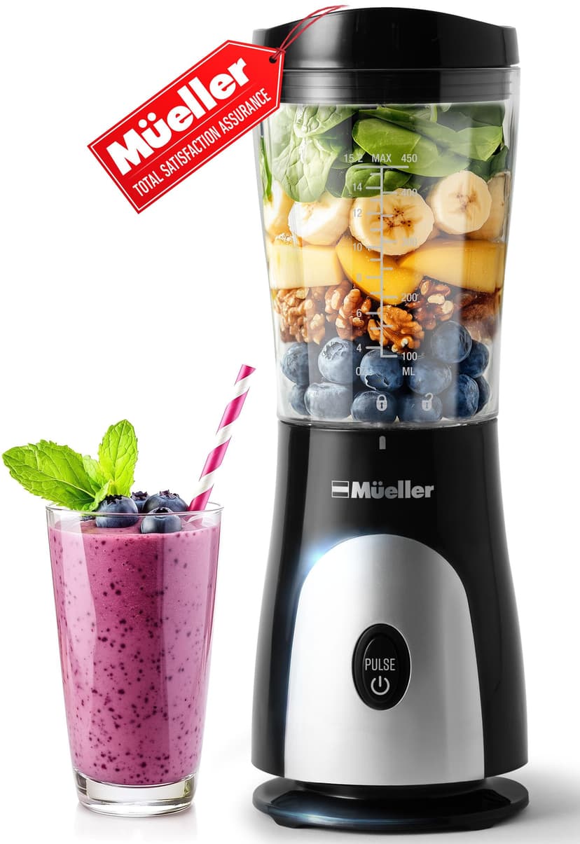 Mueller Smoothie Blender for Smoothies - Personal Blender for Shakes, Frozen Drinks, Baby Food & More, 15oz Travel Cup and Lid, Durable Stainless Steel Blades for Powerful Blending Performance, Black