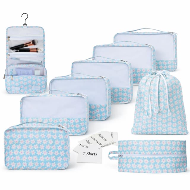 Foxy Traveler Packing Cubes Set – Cute Packing Cubes for Travel, Luggage Organizer Bags for Suitcase, For Kids & Family, Floral, Neutral & Aesthetic Travel Organizer Set-Blue Flower