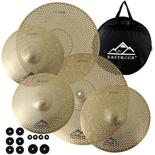 EASTROCK Golden Low Volume Cymbal Pack, 5 Pieces Cymbals for Drum Set (14"Hi-hat+16"Crash+18"Crash+20"Ride) with Cymbal Bag and Felts(Golden)