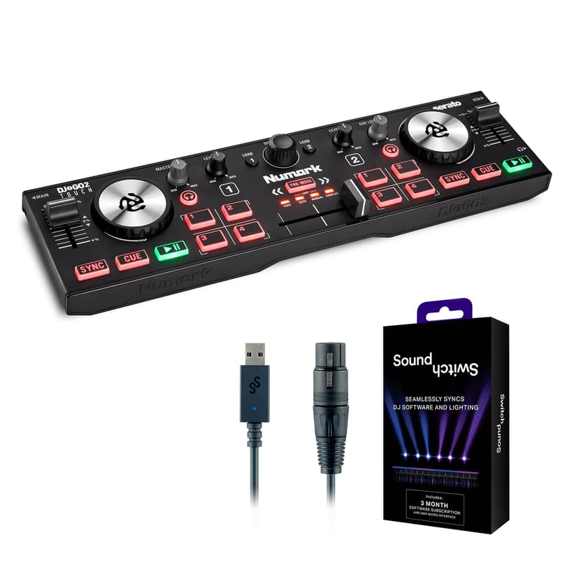 DJ Controller & DMX Bundle - DJ Controller with 2 Decks, DMX Interface & Serato DJ Lite – Numark DJ2GO2 Touch & SoundSwitch Micro DMX Interface