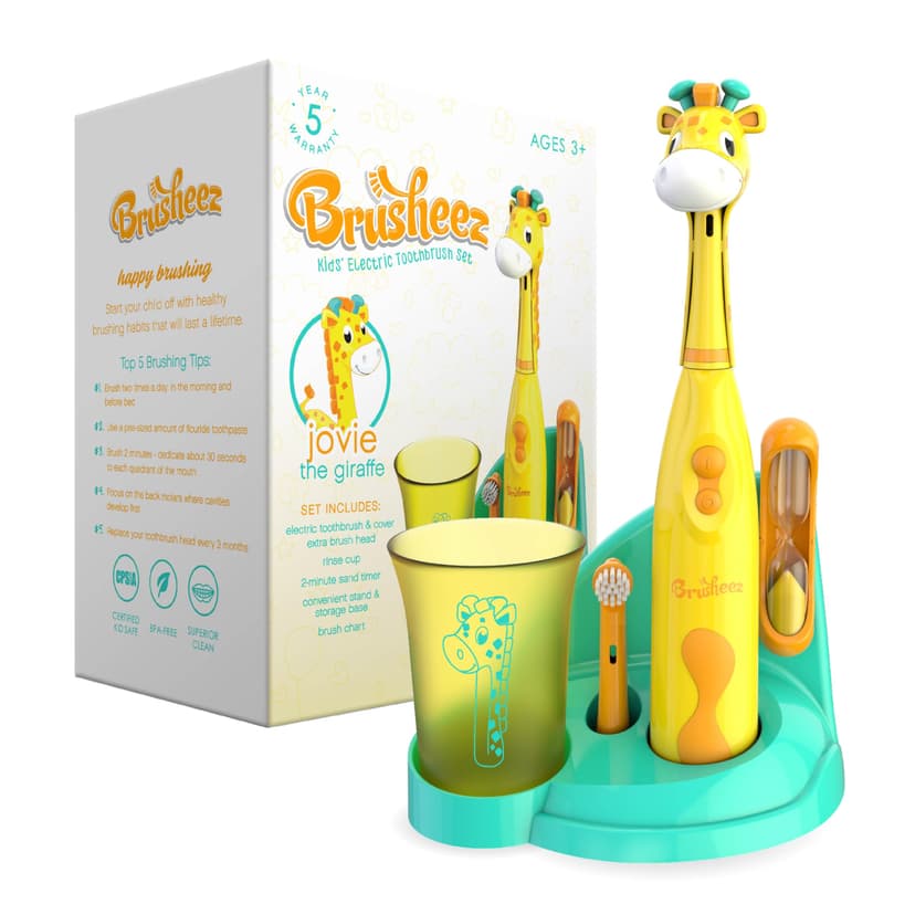 Brusheez Kids’ Electric Toothbrush Set - Safe & Effective for Ages 3+ - Parent Tested & Approved with Gentle Bristles, 2 Brush Heads, Rinse Cup, 2-Minute Timer, & Storage Base (Jovie The Giraffe)