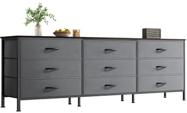 Huuger 63 Inch Dresser for Bedroom, Dresser for Closet with 9 Drawers, Large TV Stand for 55, 65, 70 Inch TV, Entertainment Center with Storage, Wide Long Chest of Drawers, Walnut and Dark Grey